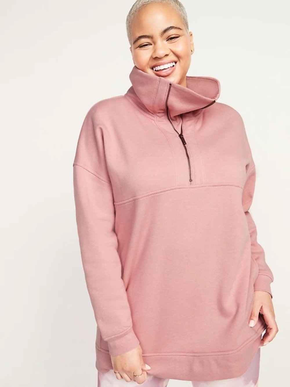 Cotton Blend Oversized Half-Zip French Terry Funnel-Neck Sweatshirt
